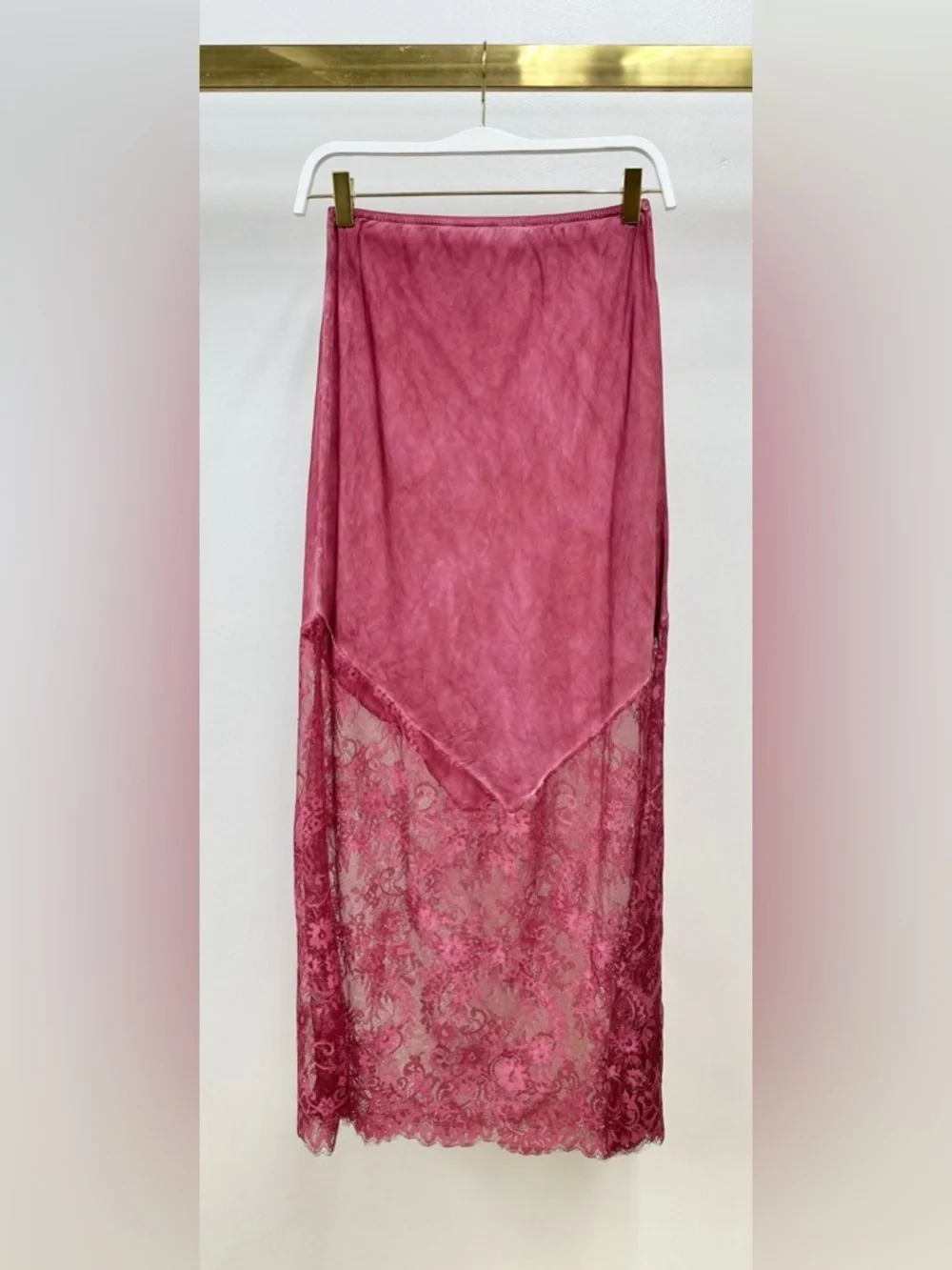 (6324-WINE) VISCOSE MAXI SKIRT WITH LACE HEM - Picture 2 of 6